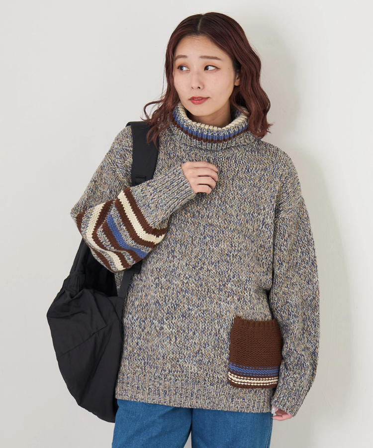 CUBE SUGAR(キューブシュガー) |【秋冬新作】バルキー Ac8本 ミックス ニット ライン入り タートルネック プルオーバー