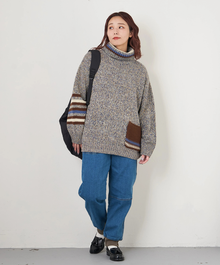 CUBE SUGAR(キューブシュガー) |【秋冬新作】バルキー Ac8本 ミックス ニット ライン入り タートルネック プルオーバー