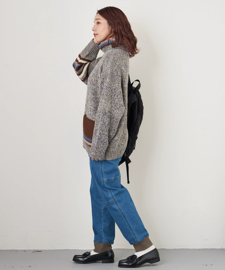 CUBE SUGAR(キューブシュガー) |【秋冬新作】バルキー Ac8本 ミックス ニット ライン入り タートルネック プルオーバー