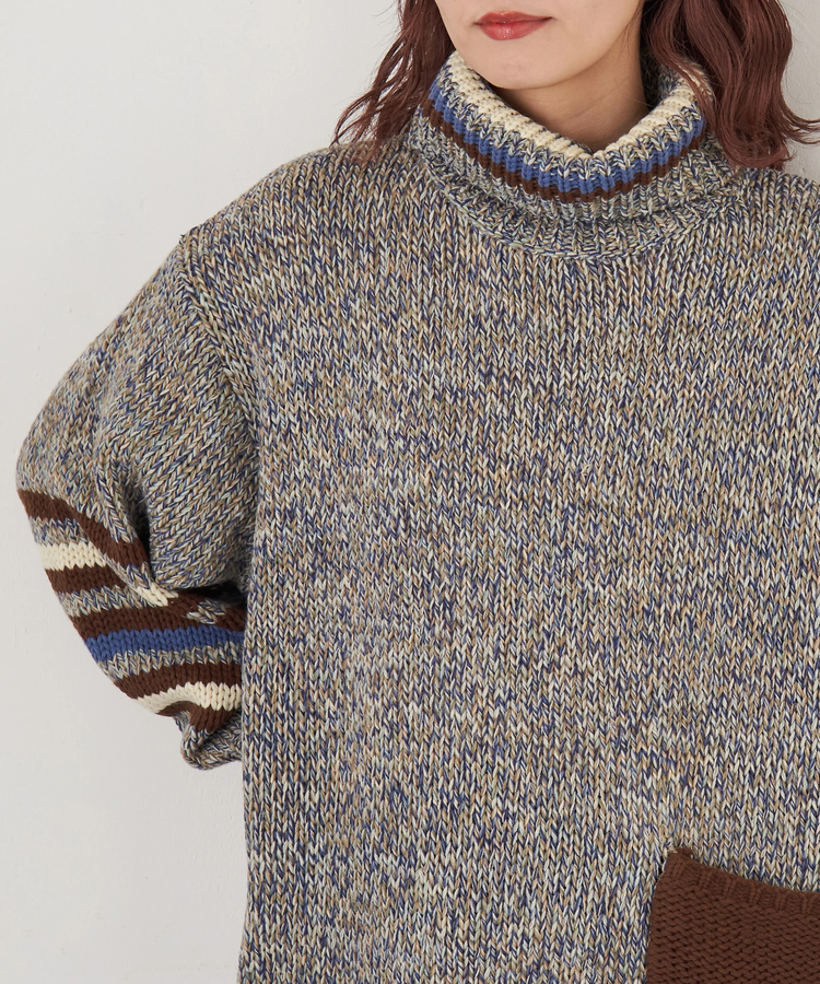 CUBE SUGAR(キューブシュガー) |【秋冬新作】バルキー Ac8本 ミックス ニット ライン入り タートルネック プルオーバー