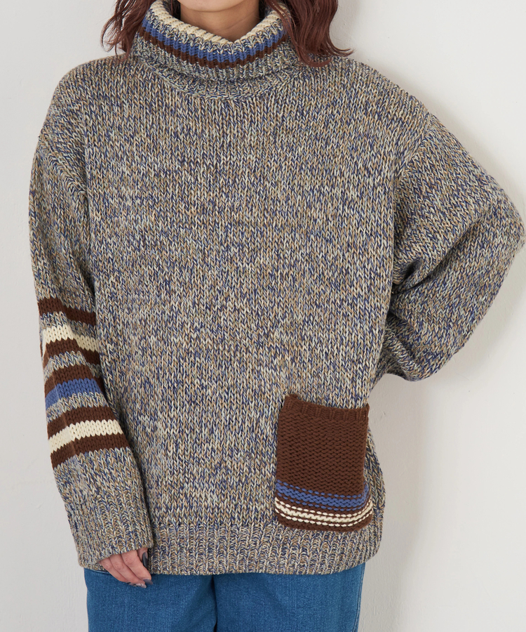 CUBE SUGAR(キューブシュガー) |【秋冬新作】バルキー Ac8本 ミックス ニット ライン入り タートルネック プルオーバー