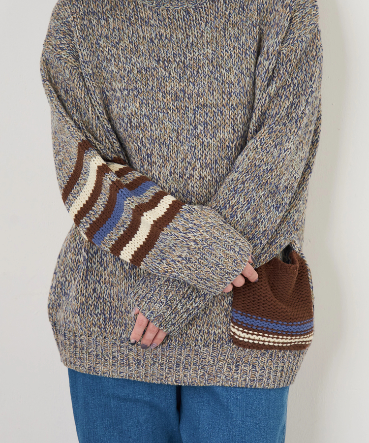 CUBE SUGAR(キューブシュガー) |【秋冬新作】バルキー Ac8本 ミックス ニット ライン入り タートルネック プルオーバー