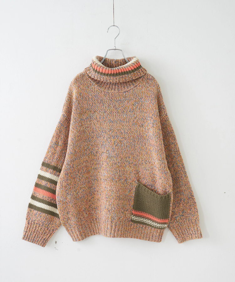 CUBE SUGAR(キューブシュガー) |【秋冬新作】バルキー Ac8本 ミックス ニット ライン入り タートルネック プルオーバー