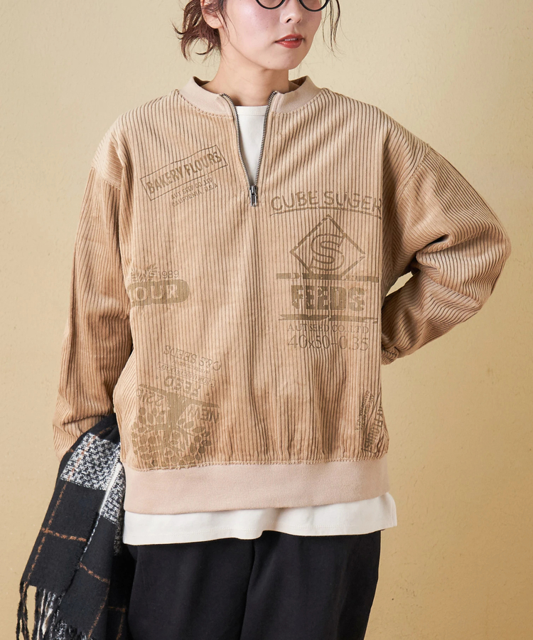 CUBE SUGAR(キューブシュガー) |【秋冬新作】6W コーデュロイ ロゴプリント ハーフジップ プルオーバー