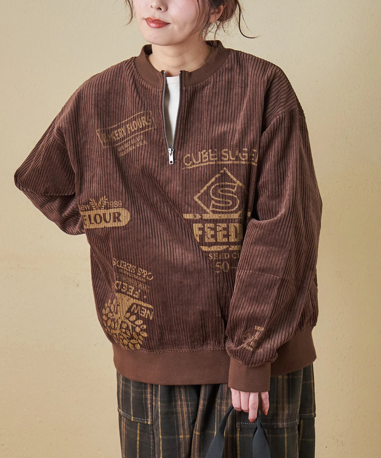 CUBE SUGAR(キューブシュガー) |【秋冬新作】6W コーデュロイ ロゴプリント ハーフジップ プルオーバー