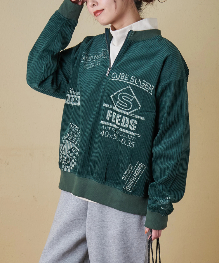 CUBE SUGAR(キューブシュガー) |【秋冬新作】6W コーデュロイ ロゴプリント ハーフジップ プルオーバー