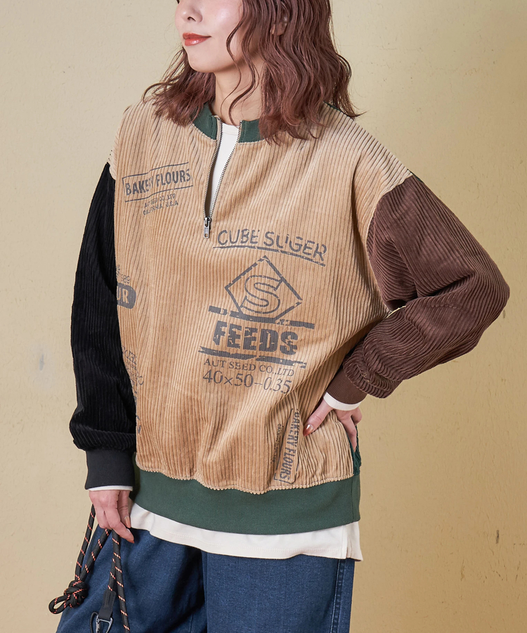 CUBE SUGAR(キューブシュガー) |【秋冬新作】6W コーデュロイ ロゴプリント ハーフジップ プルオーバー