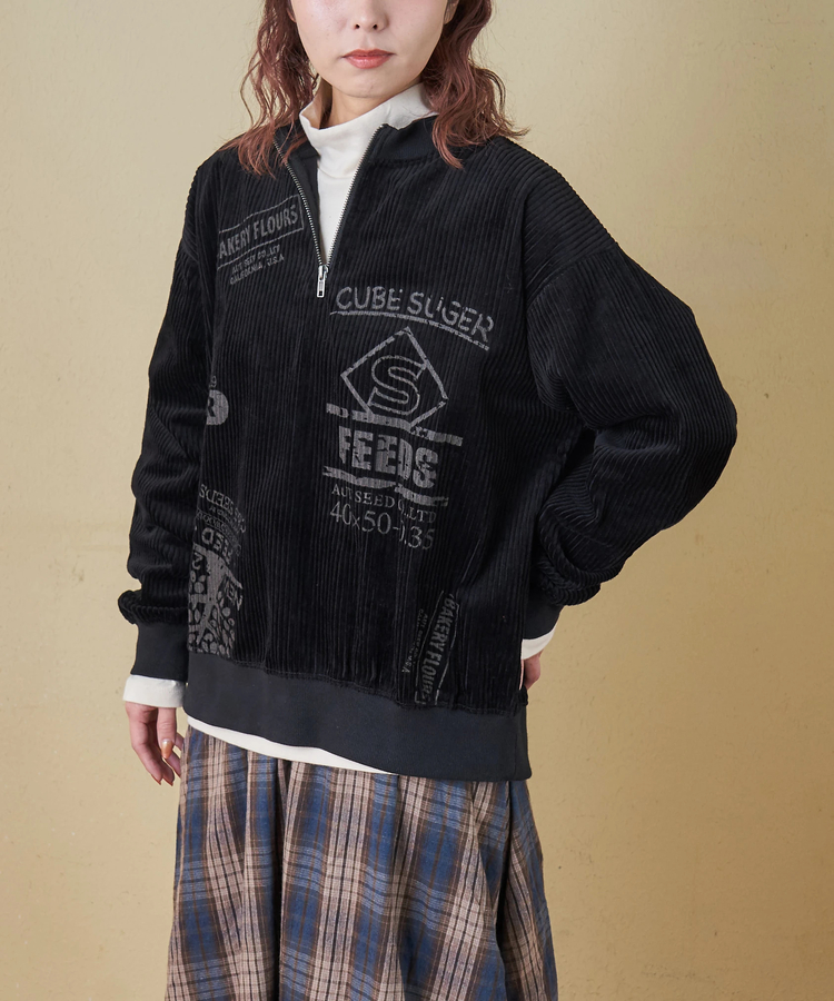 CUBE SUGAR(キューブシュガー) |【秋冬新作】6W コーデュロイ ロゴプリント ハーフジップ プルオーバー
