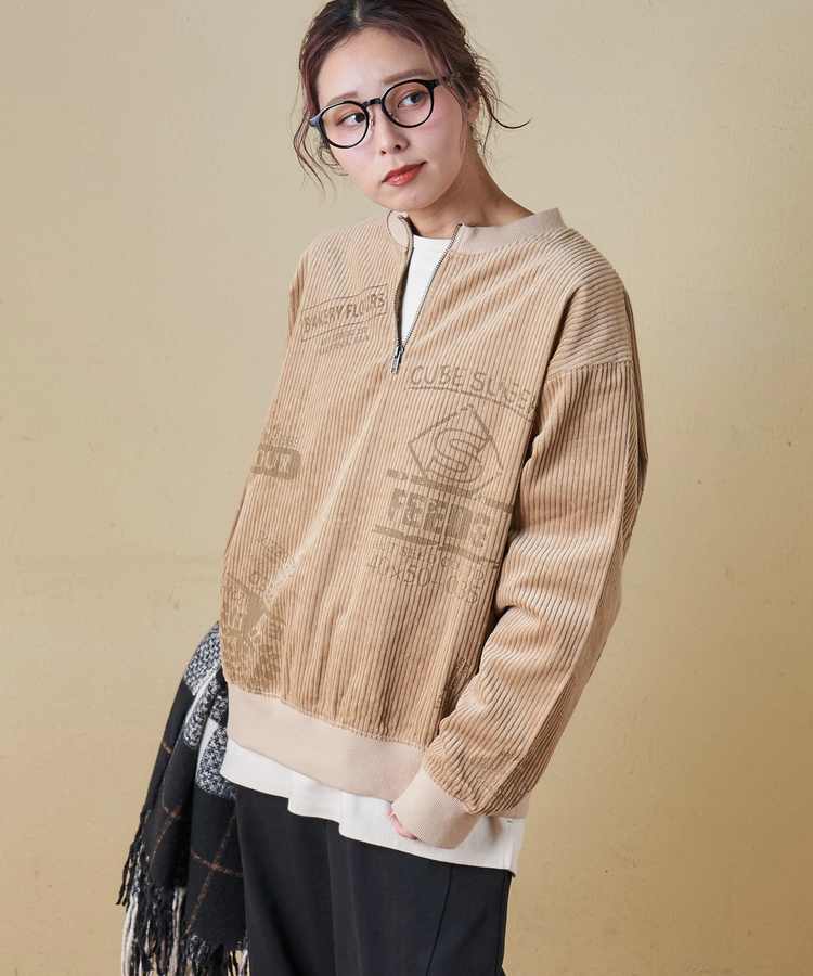 CUBE SUGAR(キューブシュガー) |【秋冬新作】6W コーデュロイ ロゴプリント ハーフジップ プルオーバー