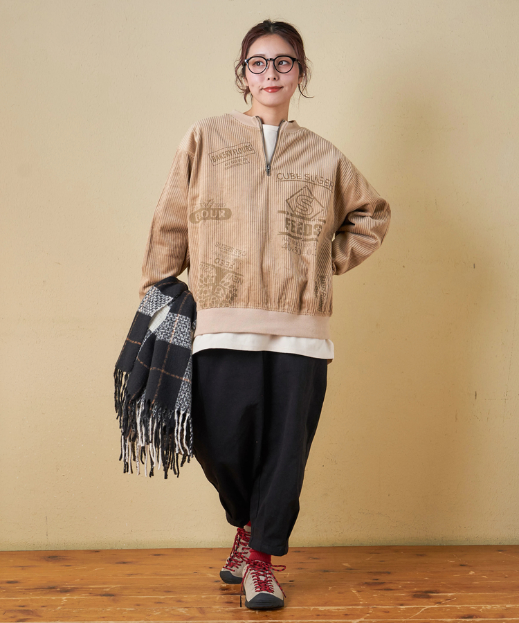 CUBE SUGAR(キューブシュガー) |【秋冬新作】6W コーデュロイ ロゴプリント ハーフジップ プルオーバー