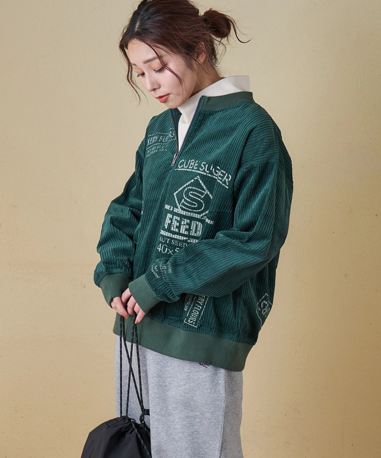 CUBE SUGAR(キューブシュガー) |【秋冬新作】6W コーデュロイ ロゴプリント ハーフジップ プルオーバー