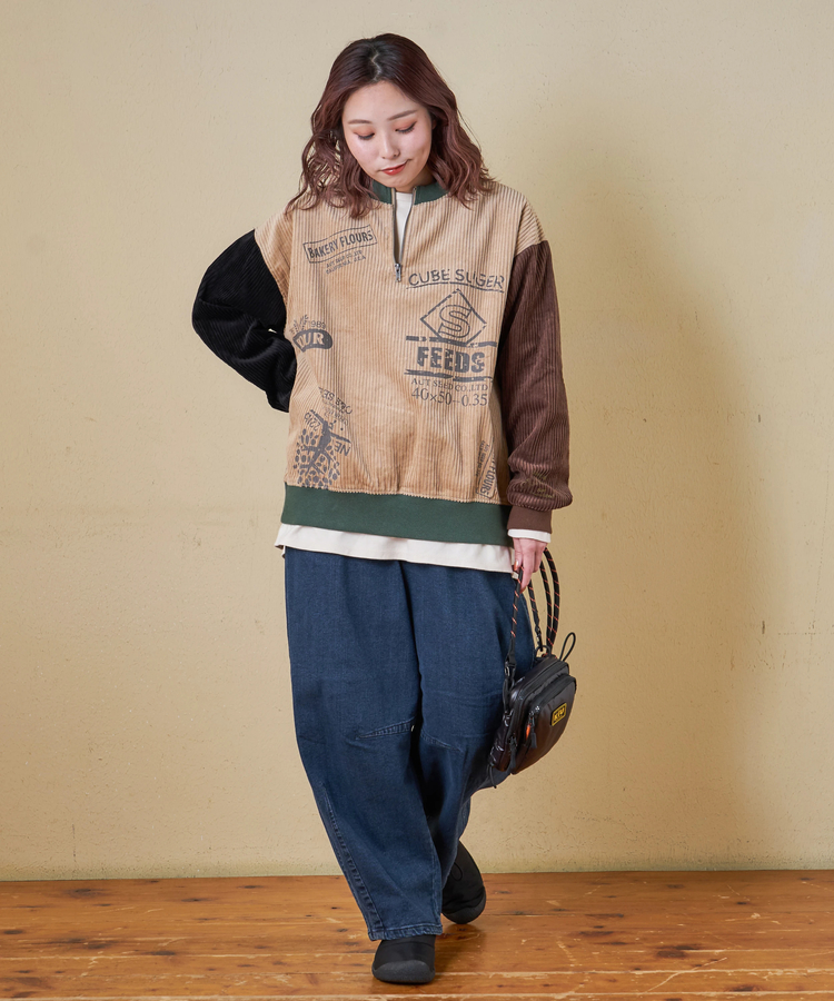 CUBE SUGAR(キューブシュガー) |【秋冬新作】6W コーデュロイ ロゴプリント ハーフジップ プルオーバー