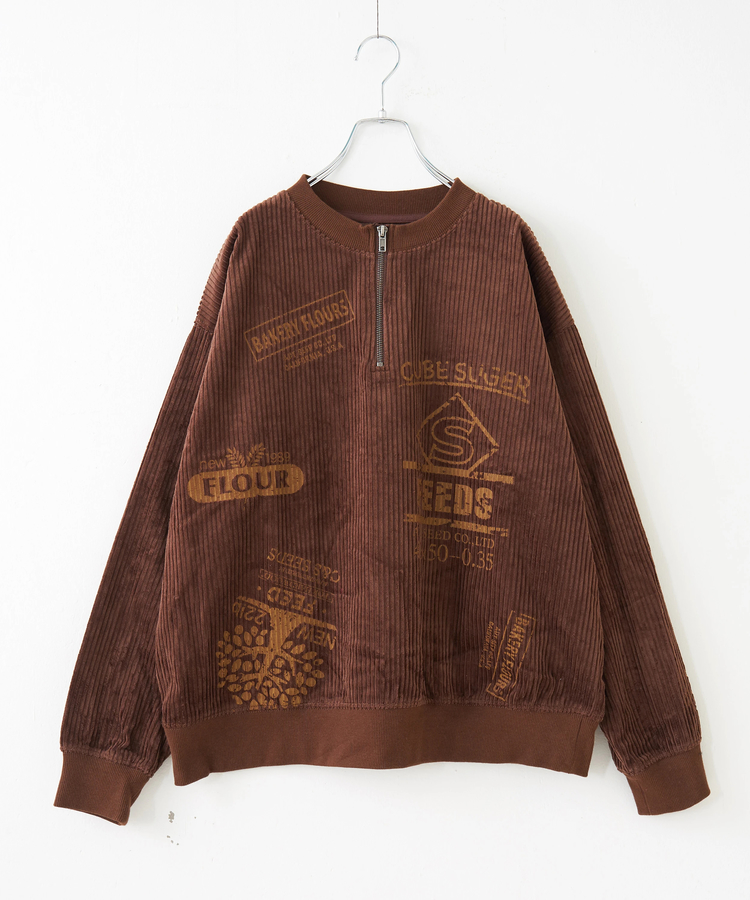 CUBE SUGAR(キューブシュガー) |【秋冬新作】6W コーデュロイ ロゴプリント ハーフジップ プルオーバー