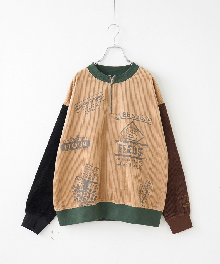 CUBE SUGAR(キューブシュガー) |【秋冬新作】6W コーデュロイ ロゴプリント ハーフジップ プルオーバー