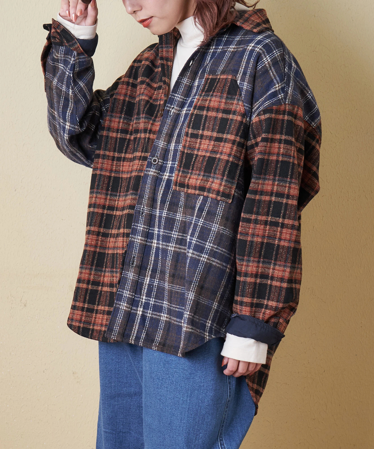 CUBE SUGAR(キューブシュガー) |【秋冬新作】ネル チェック 切替 ビッグシャツ