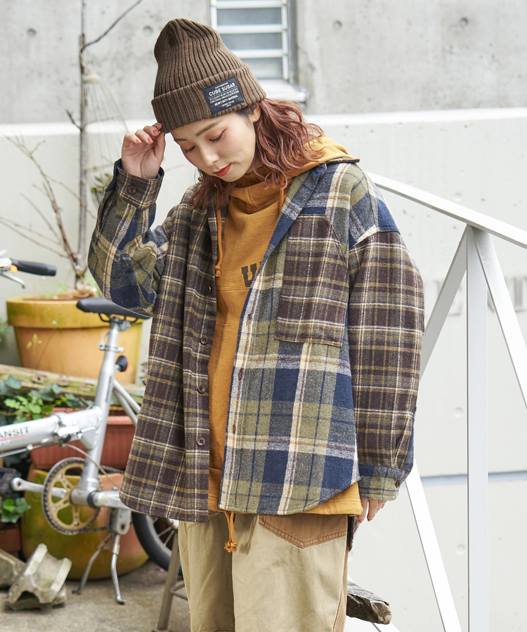 CUBE SUGAR(キューブシュガー) |【秋冬新作】ネル チェック 切替 ビッグシャツ