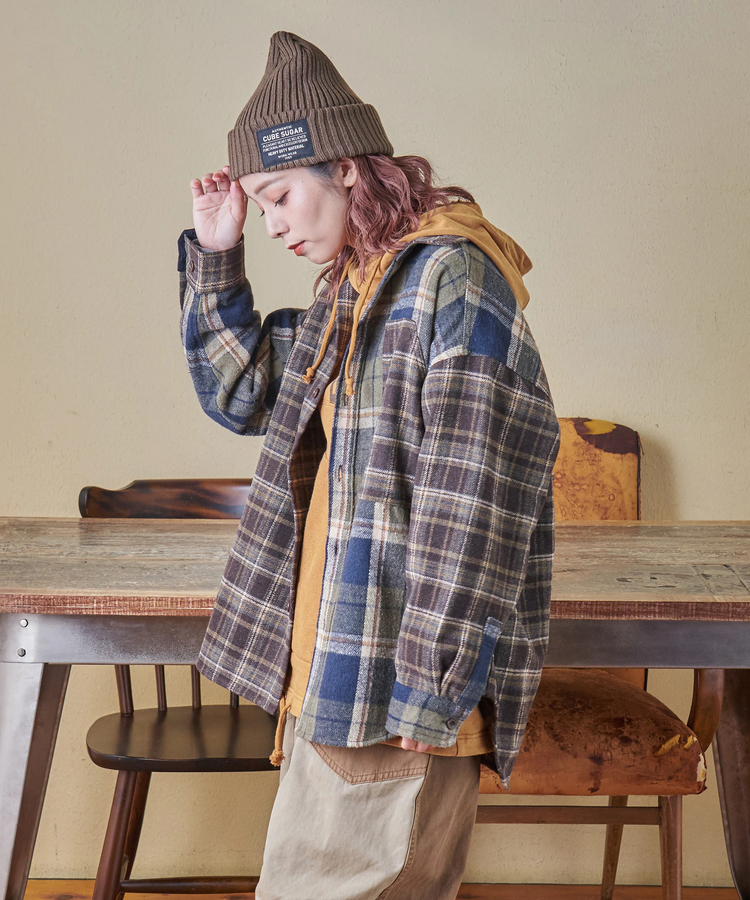 CUBE SUGAR(キューブシュガー) |【秋冬新作】ネル チェック 切替 ビッグシャツ