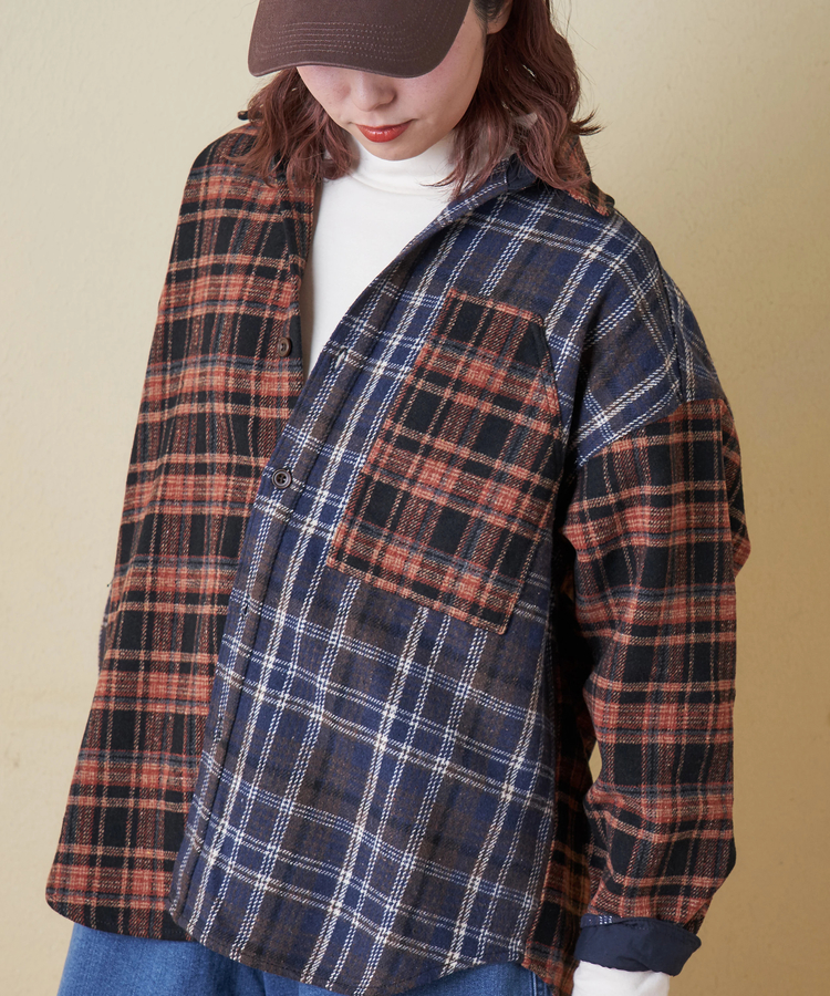 CUBE SUGAR(キューブシュガー) |【秋冬新作】ネル チェック 切替 ビッグシャツ