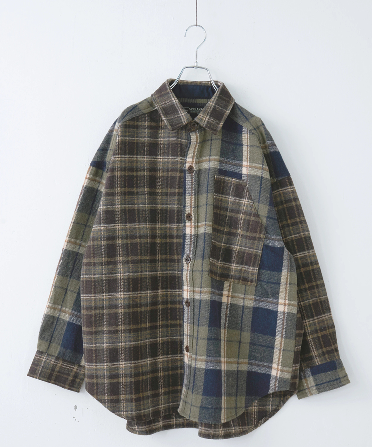 CUBE SUGAR(キューブシュガー) |【秋冬新作】ネル チェック 切替 ビッグシャツ