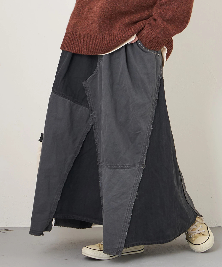 CUBE SUGAR(キューブシュガー) |【秋冬新作】ツイル × ミニヘリンボン 硫化染 リメイク風 ギャザー スカート