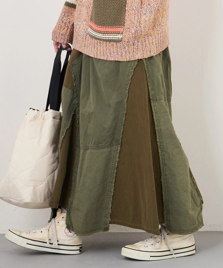 CUBE SUGAR(キューブシュガー) |【秋冬新作】ツイル × ミニヘリンボン 硫化染 リメイク風 ギャザー スカート