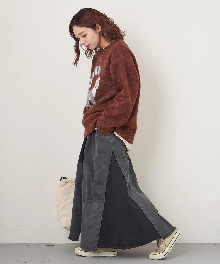 CUBE SUGAR(キューブシュガー) |【秋冬新作】ツイル × ミニヘリンボン 硫化染 リメイク風 ギャザー スカート