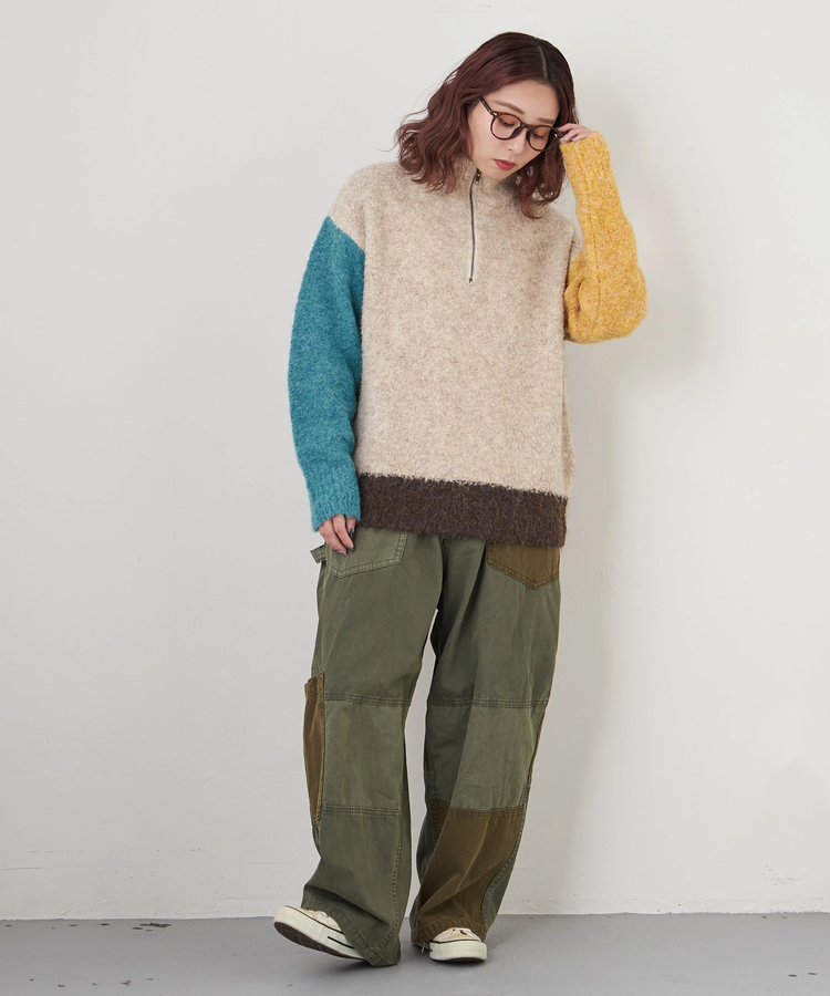 CUBE SUGAR(キューブシュガー) |【秋冬新作】ツイル × ミニヘリンボン 硫化染 切替 サイドポケット パンツ