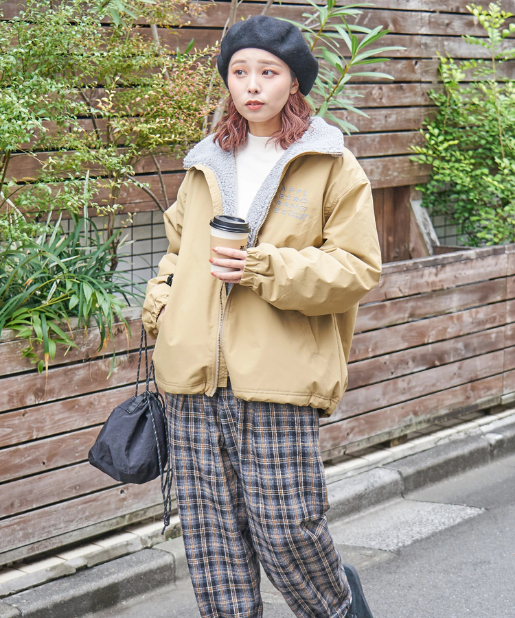 CUBE SUGAR(キューブシュガー) |【秋冬新作】ナイロン × 裏ボア スタンドカラー ジップアップ ジャケット