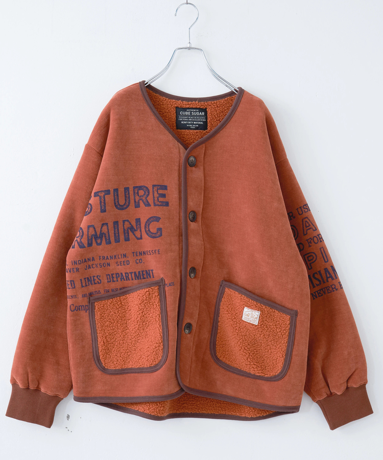 CUBE SUGAR(キューブシュガー) |【秋冬新作】裏ボア ベロア ノーカラー ジャケット