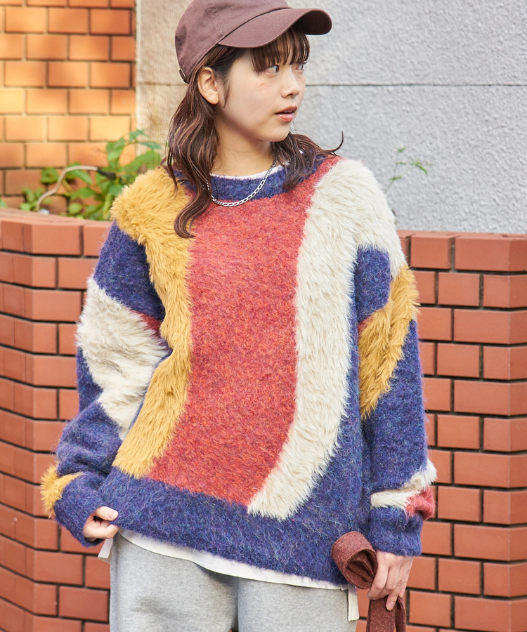 CUBE SUGAR(キューブシュガー) |【秋冬新作】ループヤーン × シャギーヤーン ニット ランダム ストライプ プルオーバー