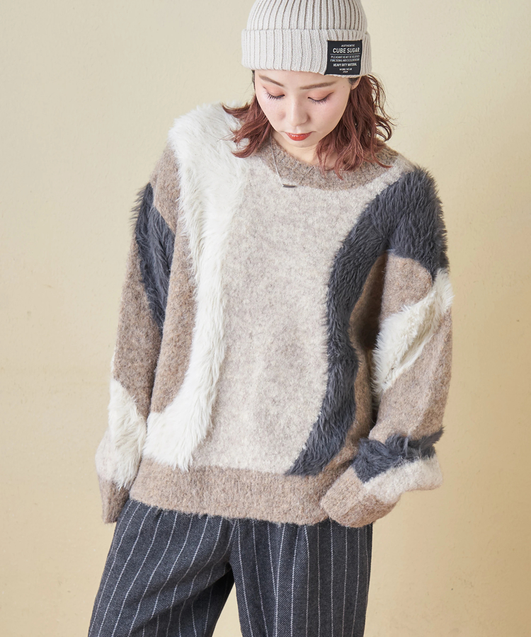 CUBE SUGAR(キューブシュガー) |【秋冬新作】ループヤーン × シャギーヤーン ニット ランダム ストライプ プルオーバー