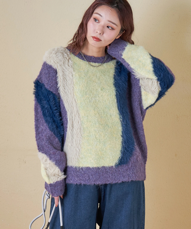 CUBE SUGAR(キューブシュガー) |【秋冬新作】ループヤーン × シャギーヤーン ニット ランダム ストライプ プルオーバー