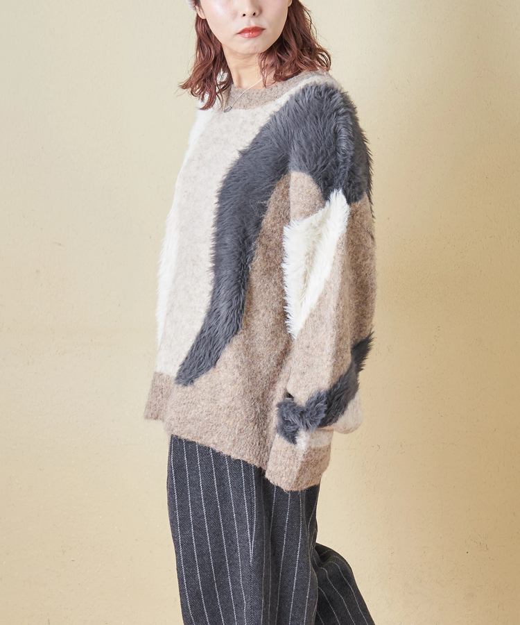 CUBE SUGAR(キューブシュガー) |【秋冬新作】ループヤーン × シャギーヤーン ニット ランダム ストライプ プルオーバー