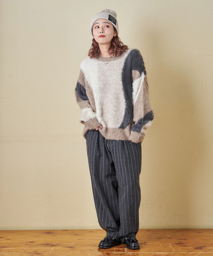 CUBE SUGAR(キューブシュガー) |【秋冬新作】ループヤーン × シャギーヤーン ニット ランダム ストライプ プルオーバー