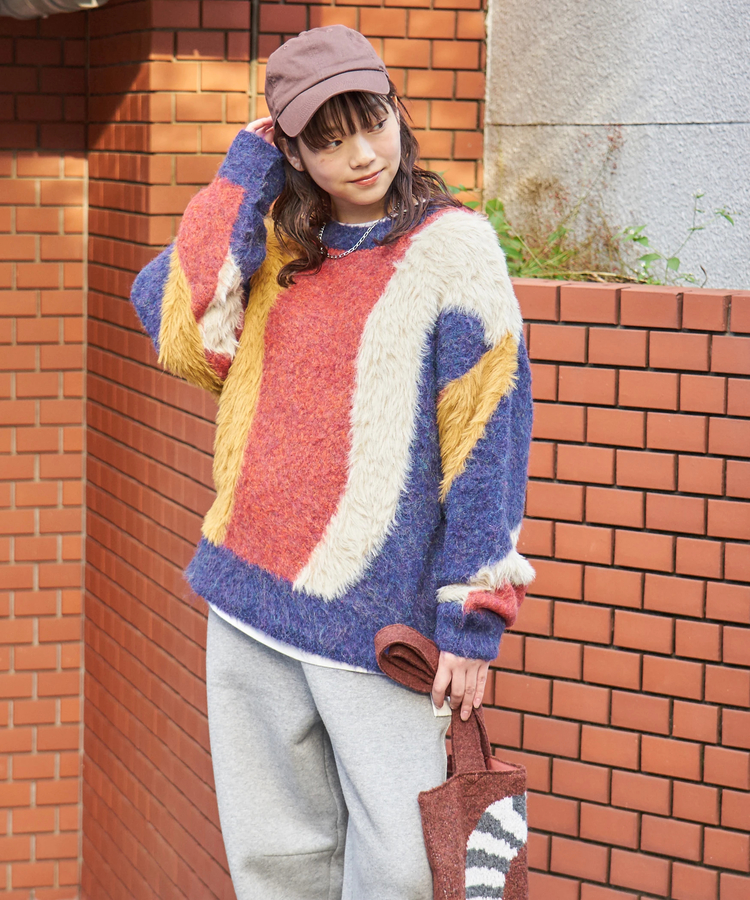 CUBE SUGAR(キューブシュガー) |【秋冬新作】ループヤーン × シャギーヤーン ニット ランダム ストライプ プルオーバー