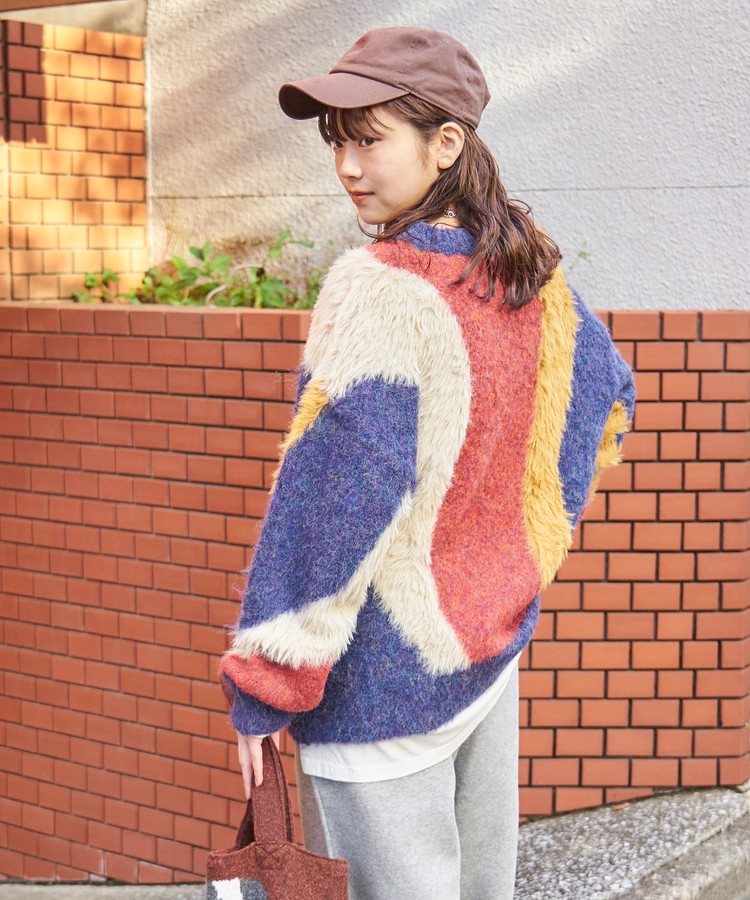 CUBE SUGAR(キューブシュガー) |【秋冬新作】ループヤーン × シャギーヤーン ニット ランダム ストライプ プルオーバー