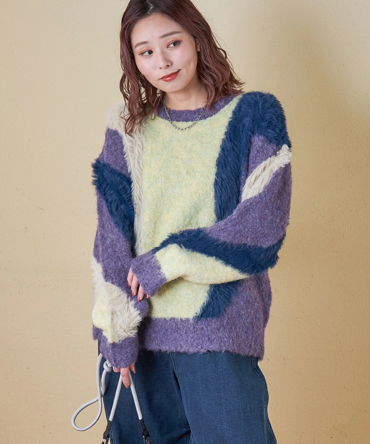 CUBE SUGAR(キューブシュガー) |【秋冬新作】ループヤーン × シャギーヤーン ニット ランダム ストライプ プルオーバー