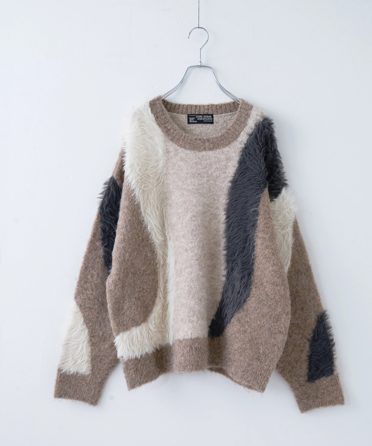CUBE SUGAR(キューブシュガー) |【秋冬新作】ループヤーン × シャギーヤーン ニット ランダム ストライプ プルオーバー