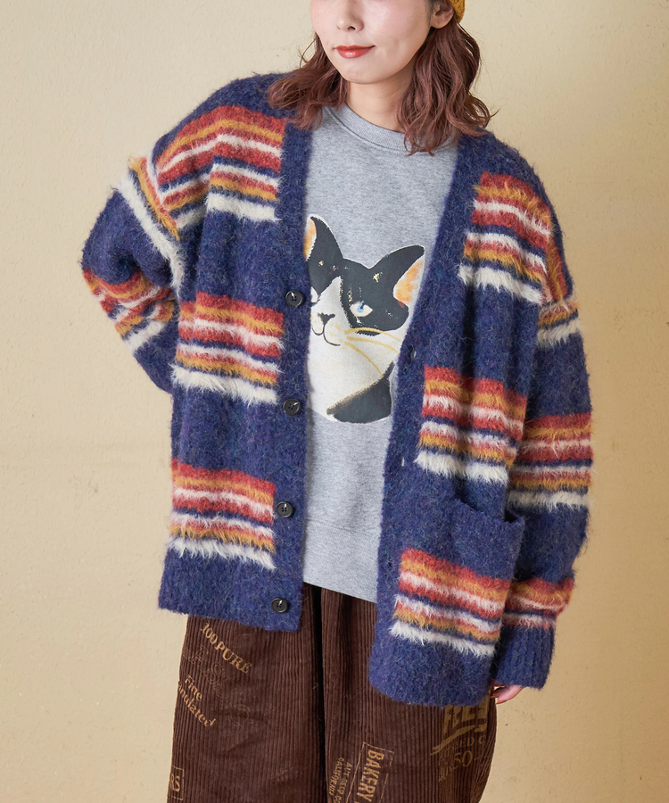 CUBE SUGAR(キューブシュガー) |【秋冬新作】ループヤーン × シャギーヤーン マルチボーダー ニット Vネック カーディガン