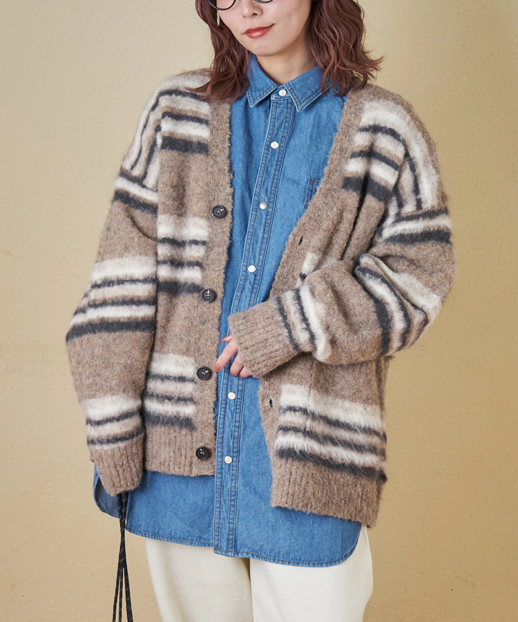 CUBE SUGAR(キューブシュガー) |【秋冬新作】ループヤーン × シャギーヤーン マルチボーダー ニット Vネック カーディガン