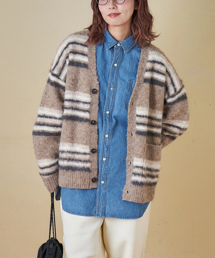 CUBE SUGAR(キューブシュガー) |【秋冬新作】ループヤーン × シャギーヤーン マルチボーダー ニット Vネック カーディガン
