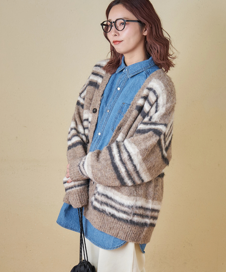 CUBE SUGAR(キューブシュガー) |【秋冬新作】ループヤーン × シャギーヤーン マルチボーダー ニット Vネック カーディガン