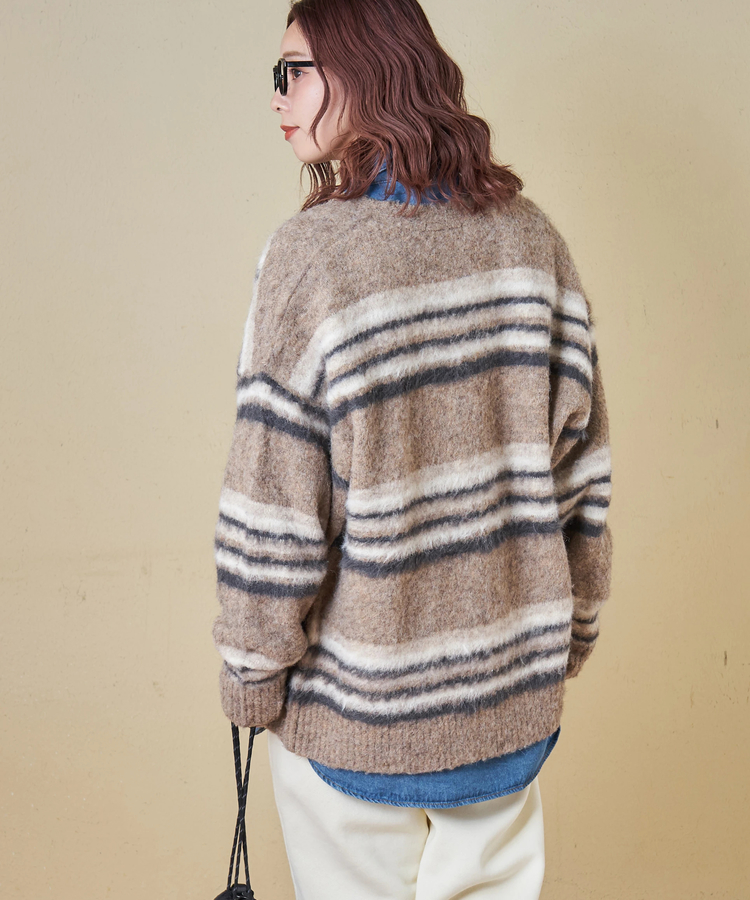 CUBE SUGAR(キューブシュガー) |【秋冬新作】ループヤーン × シャギーヤーン マルチボーダー ニット Vネック カーディガン