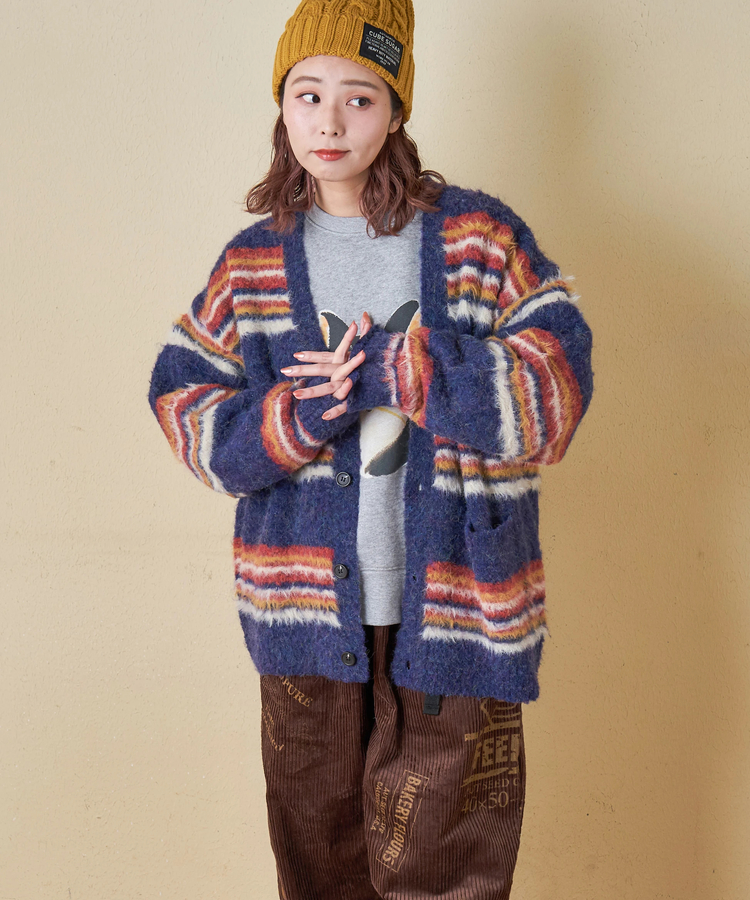 CUBE SUGAR(キューブシュガー) |【秋冬新作】ループヤーン × シャギーヤーン マルチボーダー ニット Vネック カーディガン