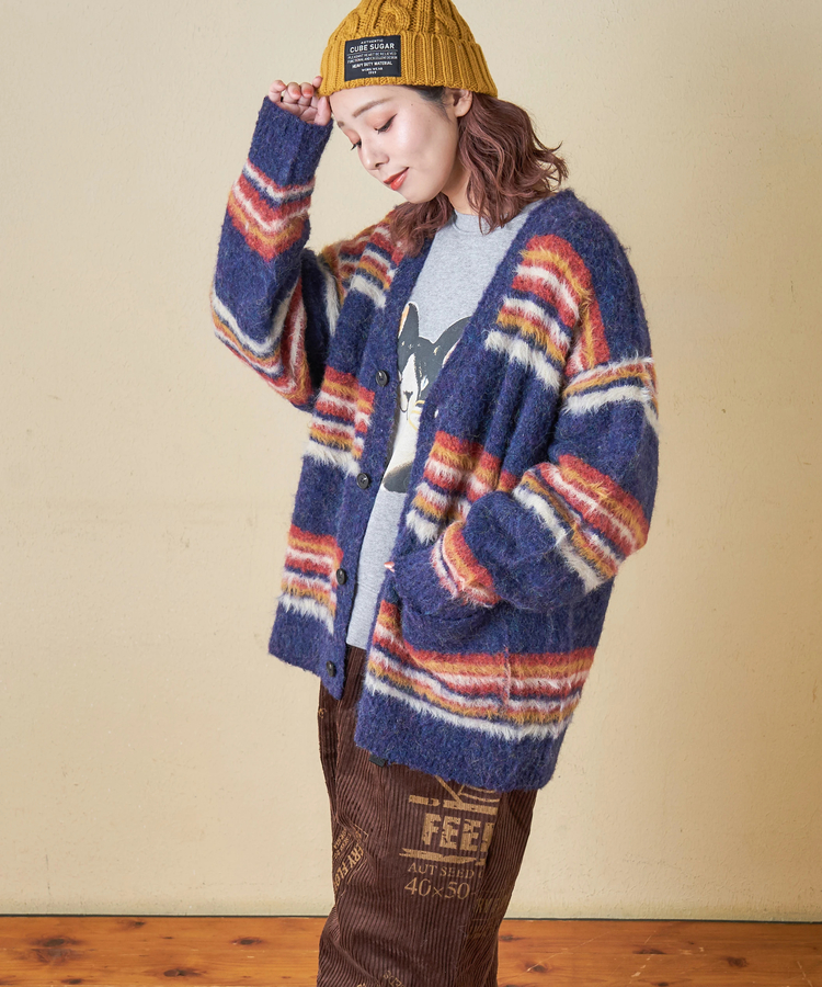 CUBE SUGAR(キューブシュガー) |【秋冬新作】ループヤーン × シャギーヤーン マルチボーダー ニット Vネック カーディガン
