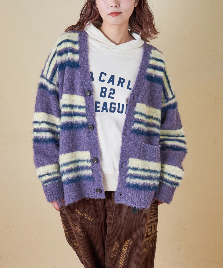 CUBE SUGAR(キューブシュガー) |【秋冬新作】ループヤーン × シャギーヤーン マルチボーダー ニット Vネック カーディガン