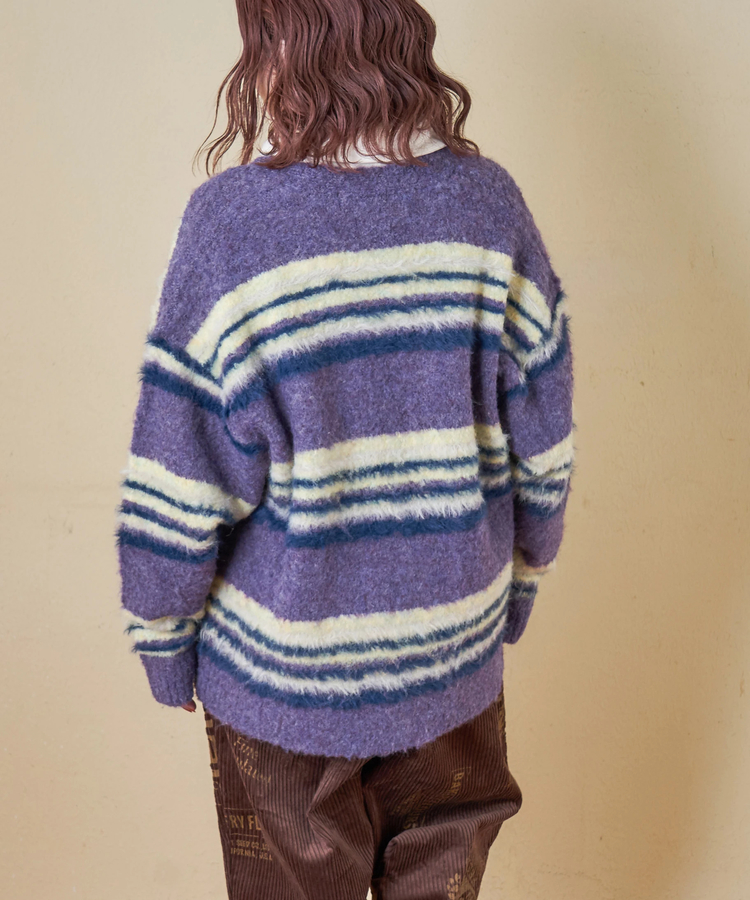 CUBE SUGAR(キューブシュガー) |【秋冬新作】ループヤーン × シャギーヤーン マルチボーダー ニット Vネック カーディガン