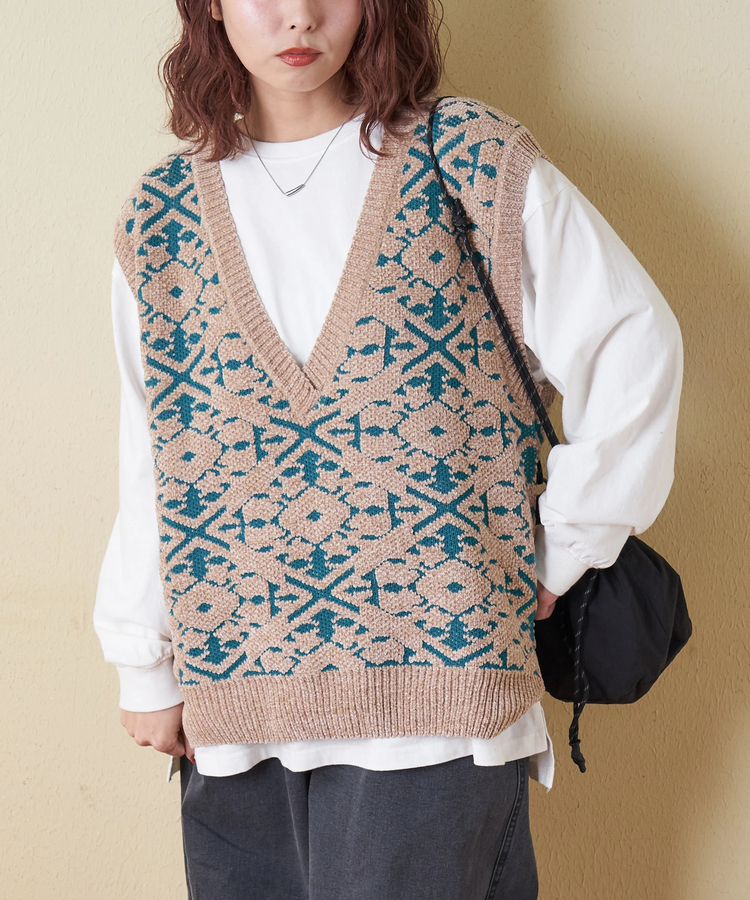 CUBE SUGAR(キューブシュガー) |【秋冬新作】モール ジャガード ニット Vネック ベスト