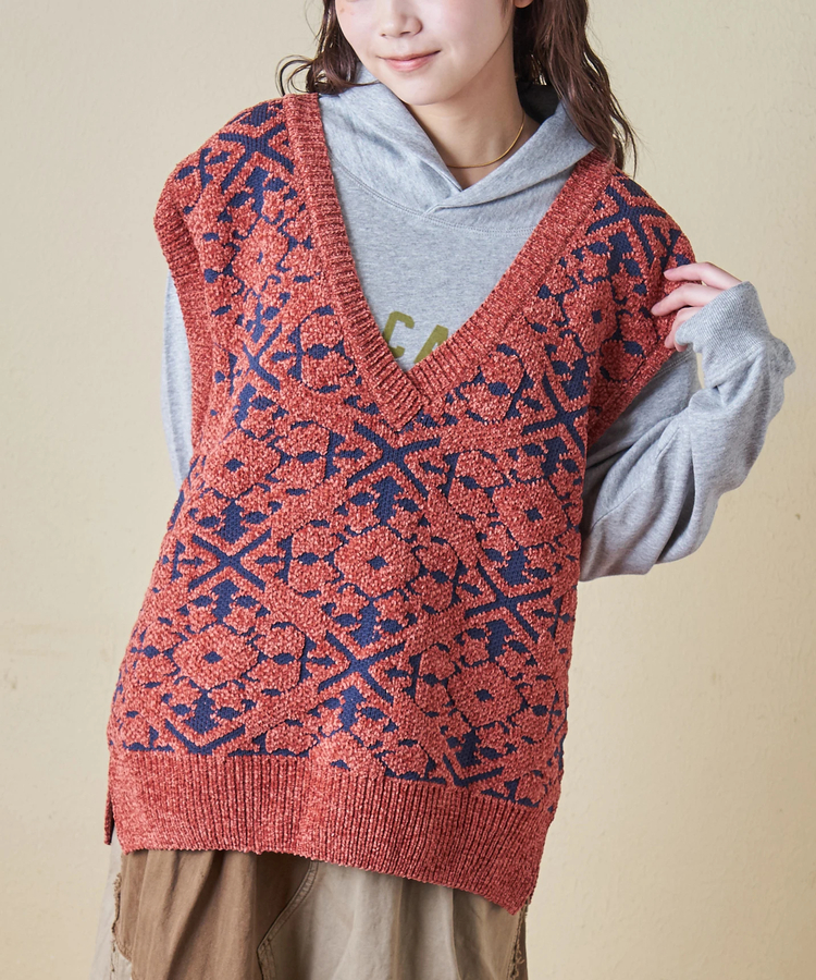 CUBE SUGAR(キューブシュガー) |【秋冬新作】モール ジャガード ニット Vネック ベスト