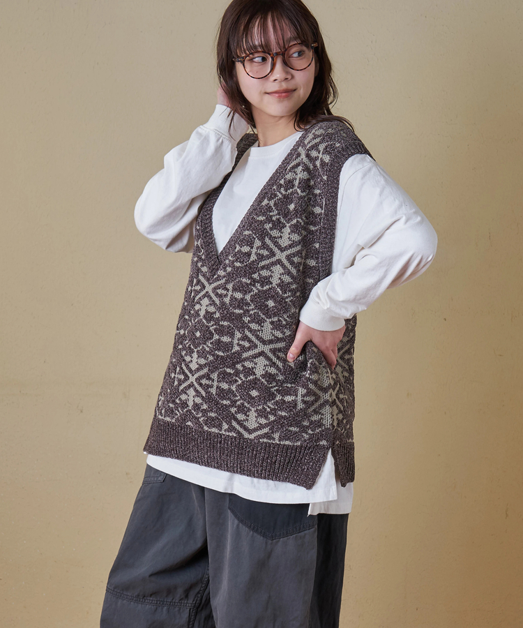 CUBE SUGAR(キューブシュガー) |【秋冬新作】モール ジャガード ニット Vネック ベスト